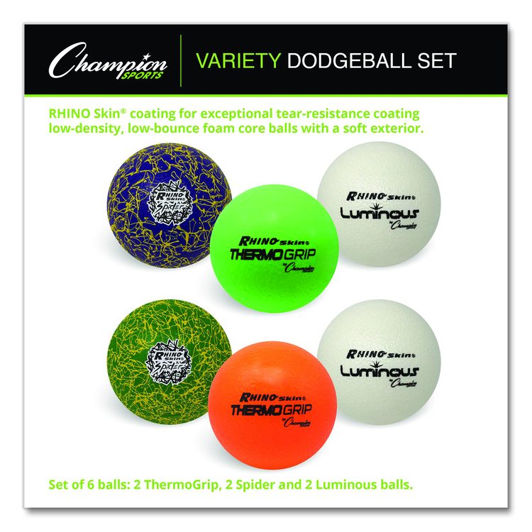 Rhino Skin Luminous, Spider and ThermoGrip Dodgeball Set, 6.3" Diameter, Assorted Colors, 6/Set