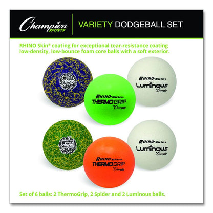 Rhino Skin Luminous, Spider and ThermoGrip Dodgeball Set, 6.3" Diameter, Assorted Colors, 6/Set