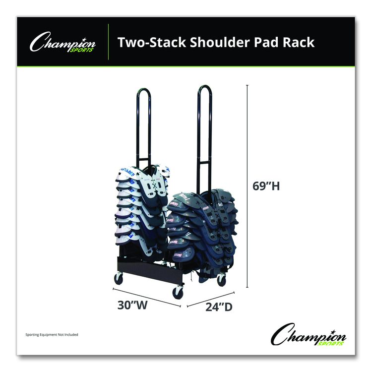 Mobile Two-Stack Shoulder Pad Rack, Metal, 176 lb Capacity, 24" x 30" x 69", Black