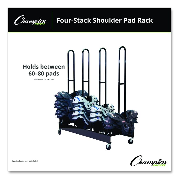 Mobile Four-Stack Shoulder Pad Rack, Metal, 176 lb Capacity, 24" x 59" x 68", Black