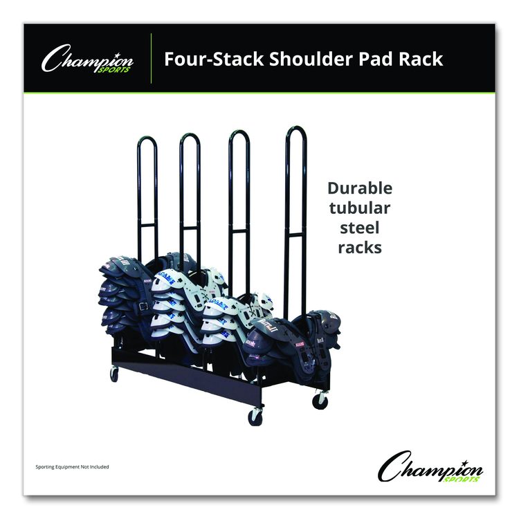Mobile Four-Stack Shoulder Pad Rack, Metal, 176 lb Capacity, 24" x 59" x 68", Black