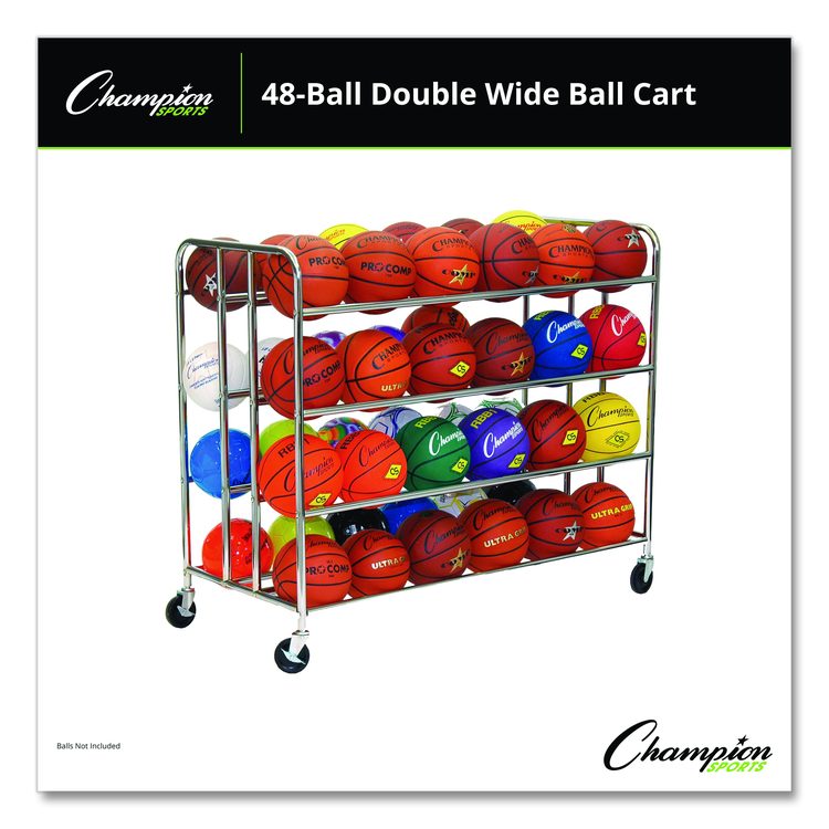 48 Ball Double Wide Ball Cart, Metal, 176 lb Capacity, 24 x 55.5 x 46.5, Chrome