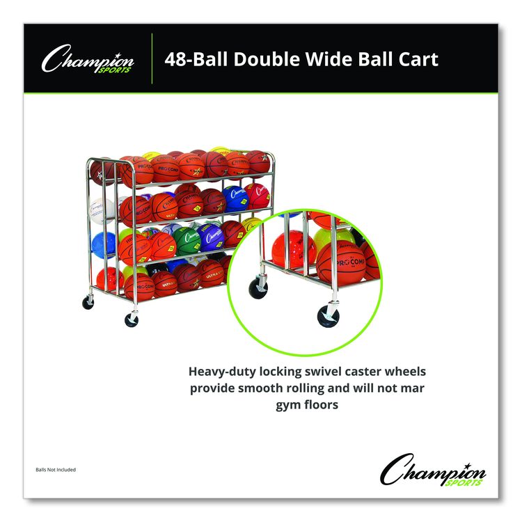 48 Ball Double Wide Ball Cart, Metal, 176 lb Capacity, 24 x 55.5 x 46.5, Chrome