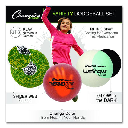 Rhino Skin Luminous, Spider and ThermoGrip Dodgeball Set, 6.3" Diameter, Assorted Colors, 6/Set