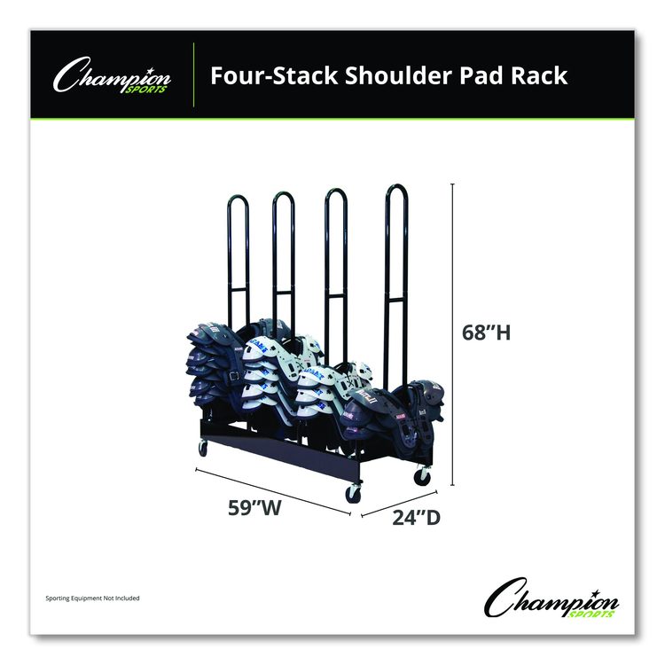 Mobile Four-Stack Shoulder Pad Rack, Metal, 176 lb Capacity, 24" x 59" x 68", Black