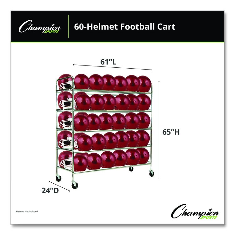 60 Helmet Football Cart, Five Shelves, Metal, 176 lb Capacity, 24" x 61" x 65", Chrome