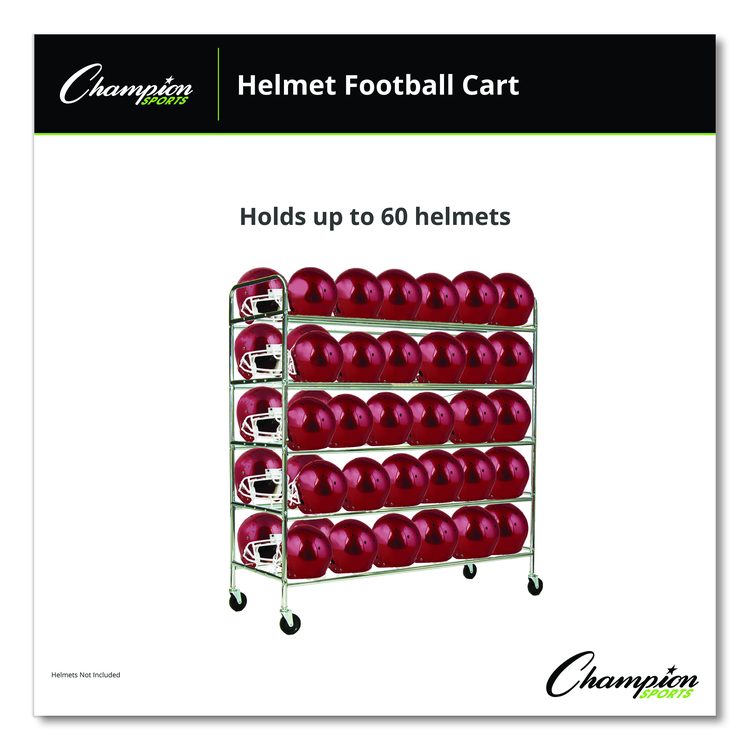 60 Helmet Football Cart, Five Shelves, Metal, 176 lb Capacity, 24" x 61" x 65", Chrome