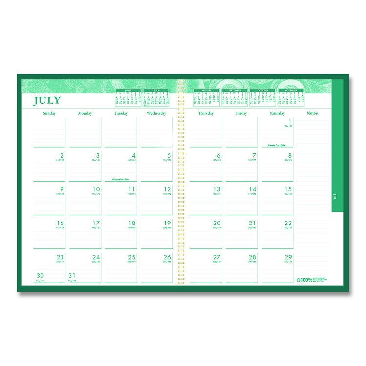 100% Recycled MonoBright Monthly/Weekly Planner, 11 x 8.5, Green/Gold Cover, 12-Month (July to June): 2025 to 2026