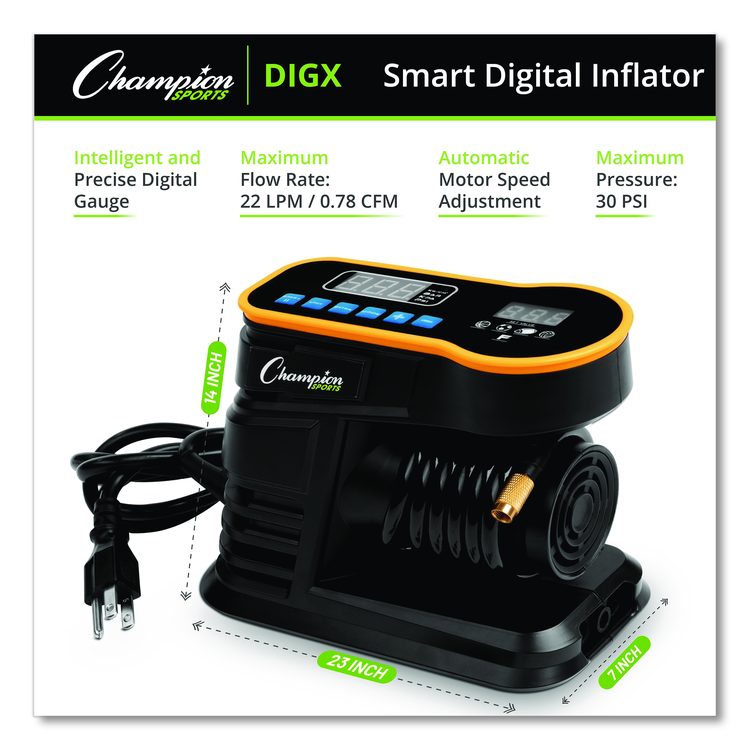 Champion Sports Digital Electronic Inflator, 0.78 cu ft/min, 30 psi, 70" Cord