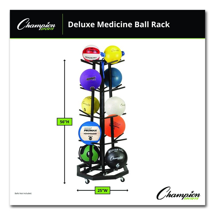 Deluxe Five-Row Mobile Medicine Ball Rack, Metal, 198 lb Capacity, 25" x 25" x 56", Black