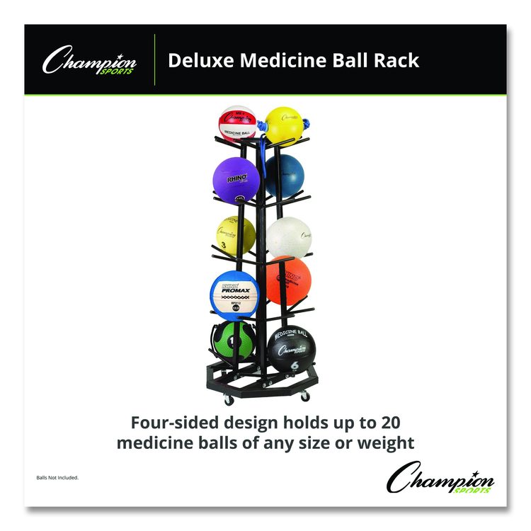 Deluxe Five-Row Mobile Medicine Ball Rack, Metal, 198 lb Capacity, 25" x 25" x 56", Black
