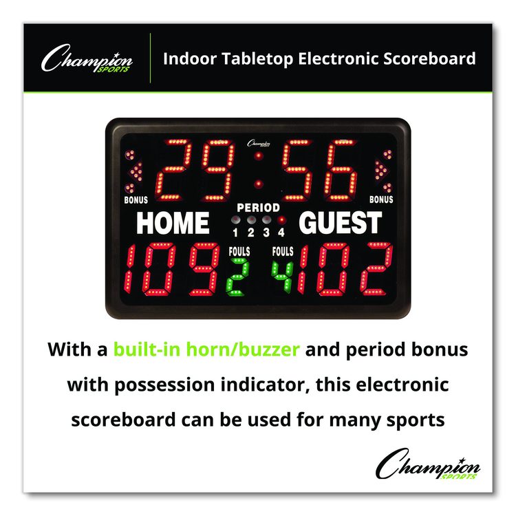 Tabletop Indoor Electronic Scoreboard, 24" x 16" x 10", Black Face, Red/Green/Yellow Graphics