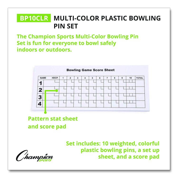 Plastic Bowling Pin Set, Assorted Colors, 10/Set