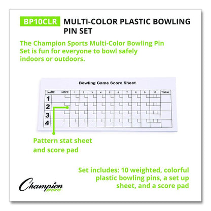 Plastic Bowling Pin Set, Assorted Colors, 10/Set