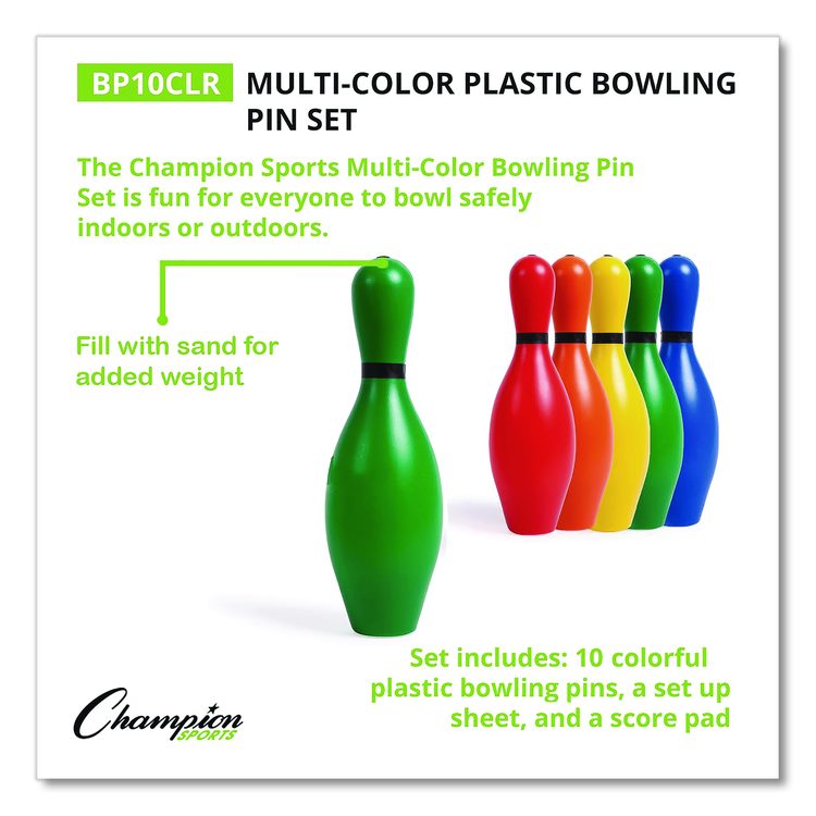 Plastic Bowling Pin Set, Assorted Colors, 10/Set
