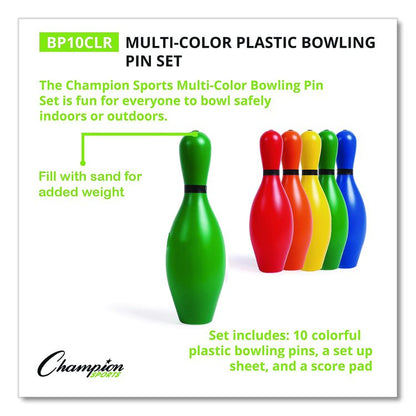 Plastic Bowling Pin Set, Assorted Colors, 10/Set