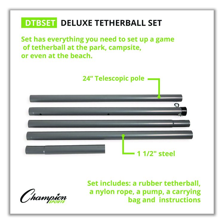 Deluxe Tether Ball Set, Tetherball/102" Cord/(4) 24" Telescoping Poles/Carry Bag/Pump with Needle