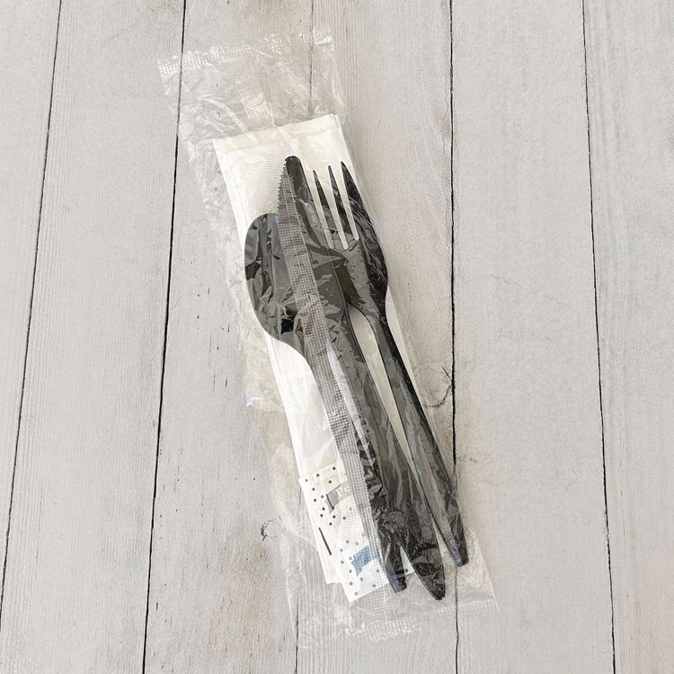 Six-Piece Cutlery Kit, Mediumweight, Fork/Knife/Napkin/Pepper/Salt/Spoon, 5.86", Plastic, Black, 250/Carton