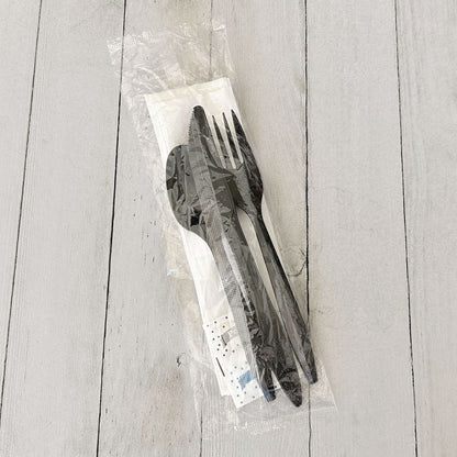 Six-Piece Cutlery Kit, Mediumweight, Fork/Knife/Napkin/Pepper/Salt/Spoon, 5.86", Plastic, Black, 250/Carton