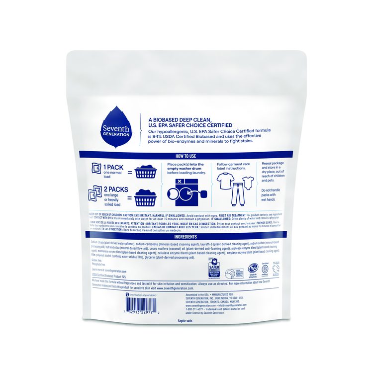 Natural Laundry Detergent Packs, Powder, Unscented, 45 Packets/Pack, 8/Carton