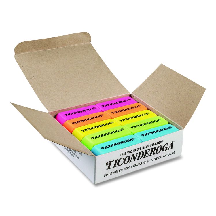 Neon Wedged Block Erasers, For Pencil Marks, Slanted-Edge Rectangular Block, Medium, Assorted Colors, 30/Box
