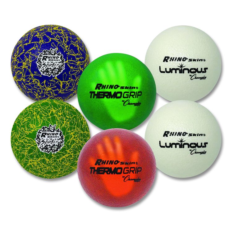 Rhino Skin Luminous, Spider and ThermoGrip Dodgeball Set, 6.3" Diameter, Assorted Colors, 6/Set