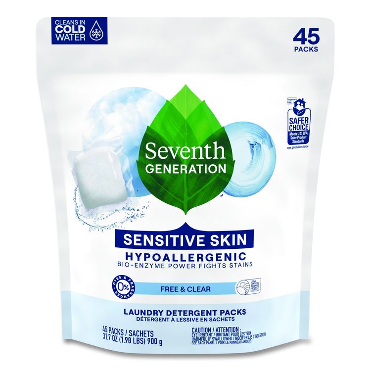 Natural Laundry Detergent Packs, Powder, Unscented, 45 Packets/Pack