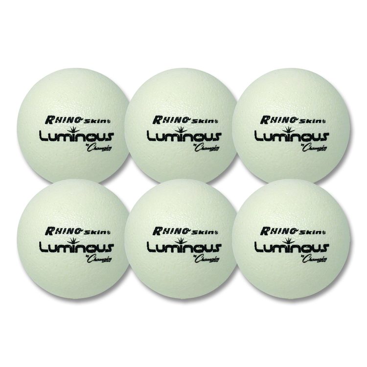 Rhino Skin Luminous Dodgeball Set, 6.3" Diameter, Luminous White/Blue, 6/Set