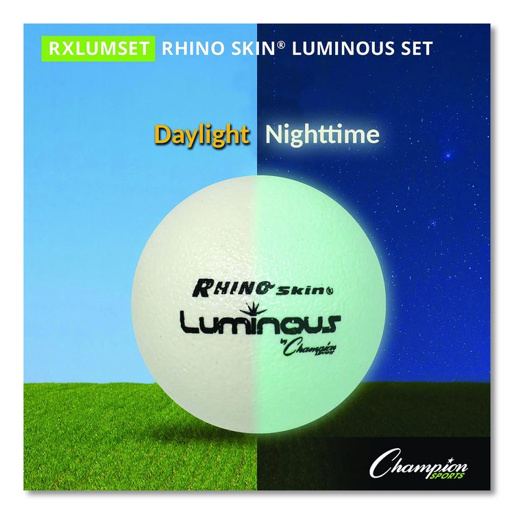 Rhino Skin Luminous Dodgeball Set, 6.3" Diameter, Luminous White/Blue, 6/Set
