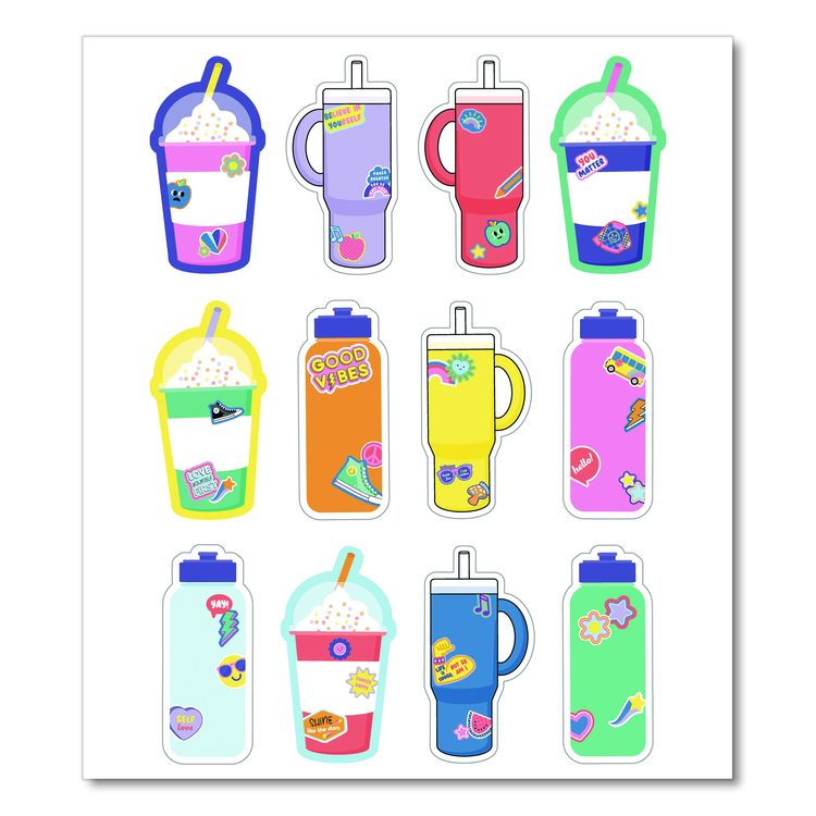 Assorted Colorful Cut-Outs, 36-Piece Set, We Stick Together: Cups + Water Bottles, 5.8" x 8", Multicolor
