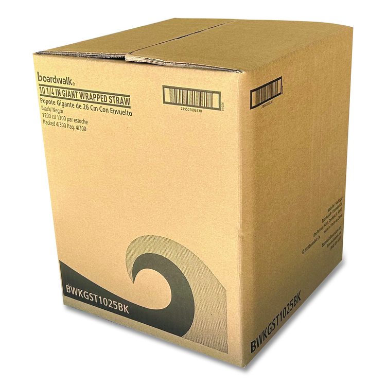 Wrapped Giant Straws, 10.25", Polypropylene, Black, 300/Pack, 4 Packs/Carton