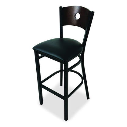 Circle Series Barstool, Supports Up to 300 lb, 28.5" Seat Height, Black Seat, Dark Walnut Back, Black Base