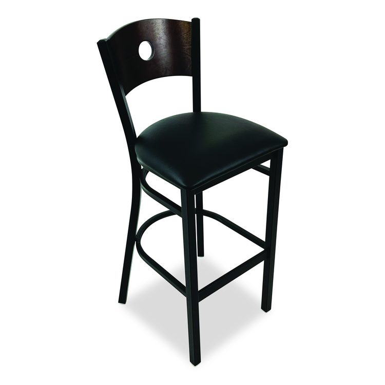 Circle Series Barstool, Supports Up to 300 lb, 28.5" Seat Height, Black Seat, Dark Walnut Back, Black Base