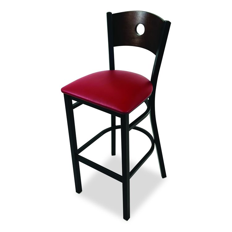 Circle Series Barstool, Supports Up to 300 lb, 28.5" Seat Height, Burgundy Seat, Dark Walnut Back, Black Base