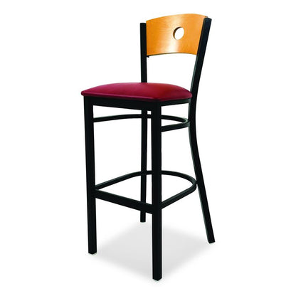 Circle Series Barstool, Supports Up to 300 lb, 28.5" Seat Height, Burgundy Seat, Natural Back, Black Base