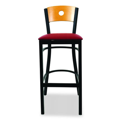 Circle Series Barstool, Supports Up to 300 lb, 28.5" Seat Height, Burgundy Seat, Natural Back, Black Base