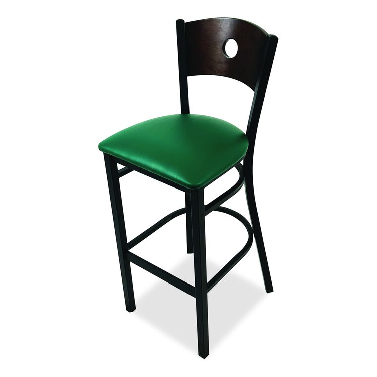 Circle Series Barstool, Supports Up to 300 lb, 28.5" Seat Height, Green Seat, Dark Walnut Back, Black Base