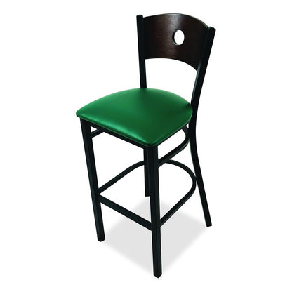 Circle Series Barstool, Supports Up to 300 lb, 28.5" Seat Height, Green Seat, Dark Walnut Back, Black Base
