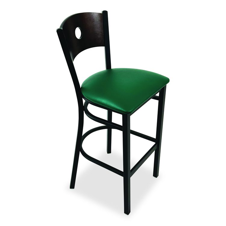 Circle Series Barstool, Supports Up to 300 lb, 28.5" Seat Height, Green Seat, Dark Walnut Back, Black Base