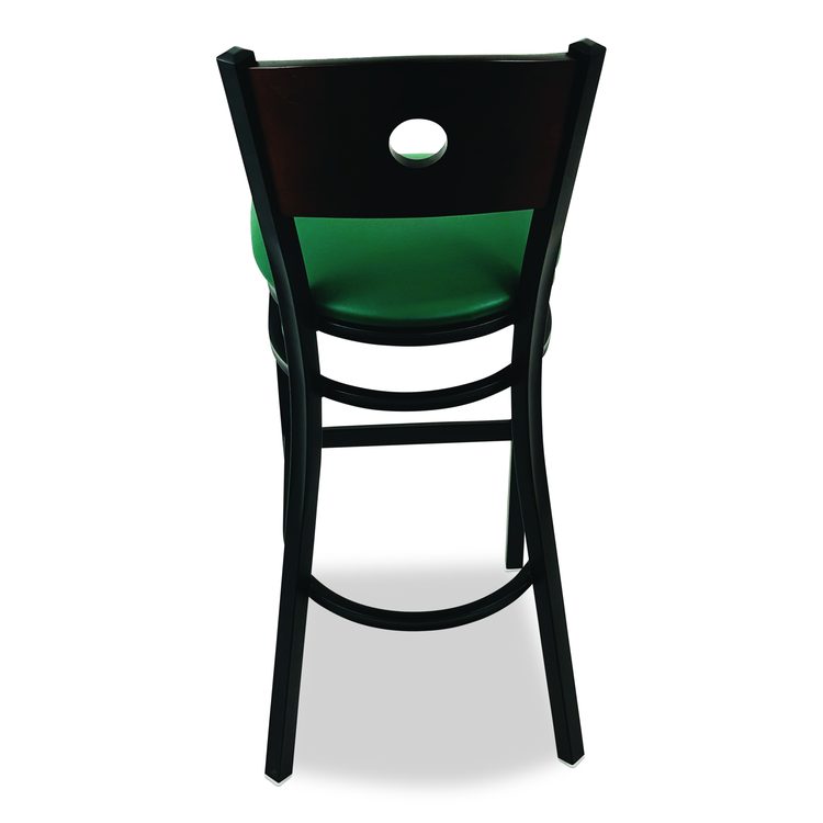 Circle Series Barstool, Supports Up to 300 lb, 28.5" Seat Height, Green Seat, Dark Walnut Back, Black Base