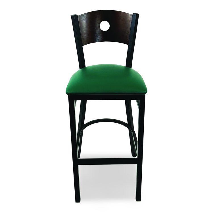 Circle Series Barstool, Supports Up to 300 lb, 28.5" Seat Height, Green Seat, Dark Walnut Back, Black Base