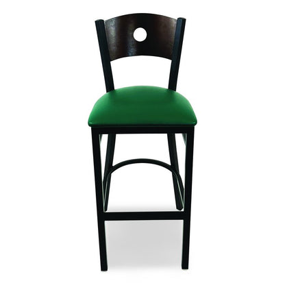 Circle Series Barstool, Supports Up to 300 lb, 28.5" Seat Height, Green Seat, Dark Walnut Back, Black Base
