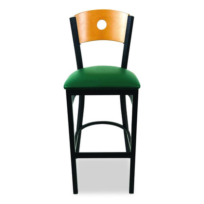 Circle Series Barstool, Supports Up to 300 lb, 28.5" Seat Height, Green Seat, Natural Back, Black Base