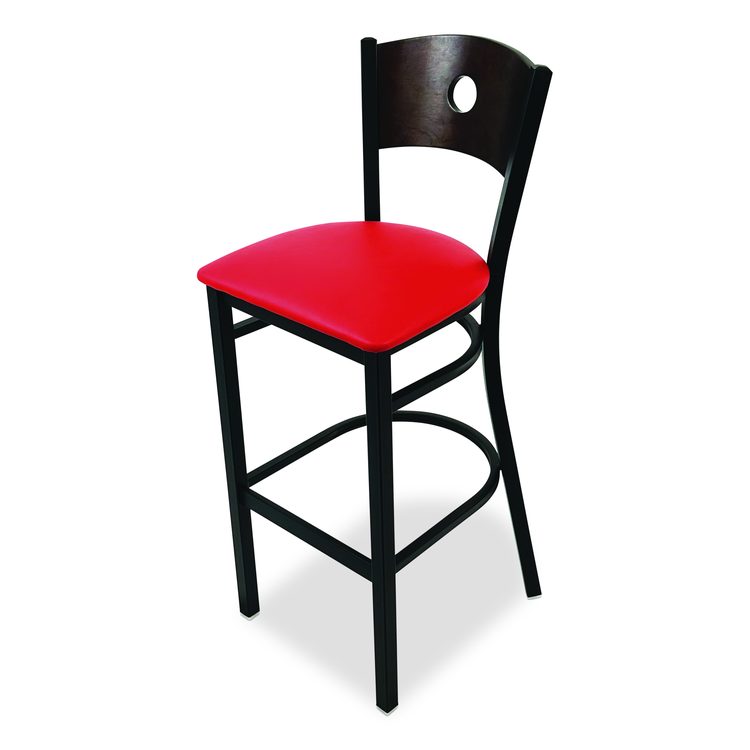 Circle Series Barstool, Supports Up to 300 lb, 28.5" Seat Height, Red Seat, Dark Walnut Back, Black Base