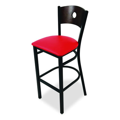 Circle Series Barstool, Supports Up to 300 lb, 28.5" Seat Height, Red Seat, Dark Walnut Back, Black Base