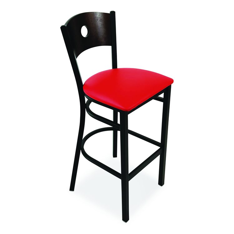 Circle Series Barstool, Supports Up to 300 lb, 28.5" Seat Height, Red Seat, Dark Walnut Back, Black Base