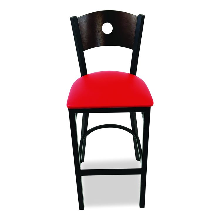 Circle Series Barstool, Supports Up to 300 lb, 28.5" Seat Height, Red Seat, Dark Walnut Back, Black Base