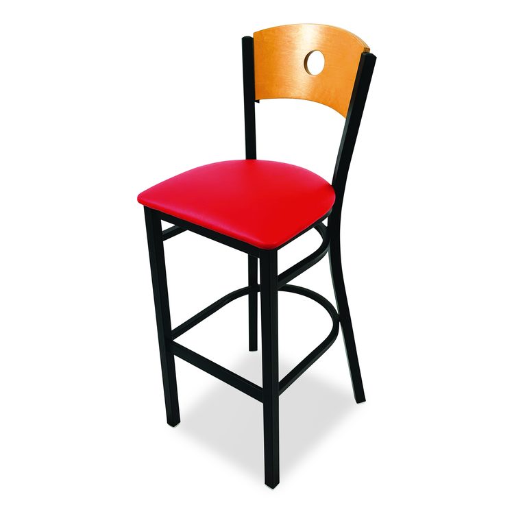 Circle Series Barstool, Supports Up to 300 lb, 28.5" Seat Height, Red Seat, Natural Back, Black Base