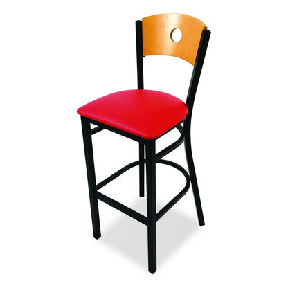 Circle Series Barstool, Supports Up to 300 lb, 28.5" Seat Height, Red Seat, Natural Back, Black Base
