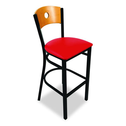 Circle Series Barstool, Supports Up to 300 lb, 28.5" Seat Height, Red Seat, Natural Back, Black Base